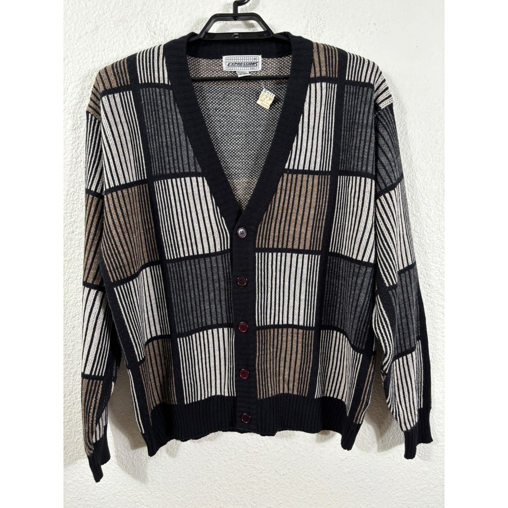 Expressions Cardigan Mens XL Vintage 90s Geometric Knit Grandpacore Button Front